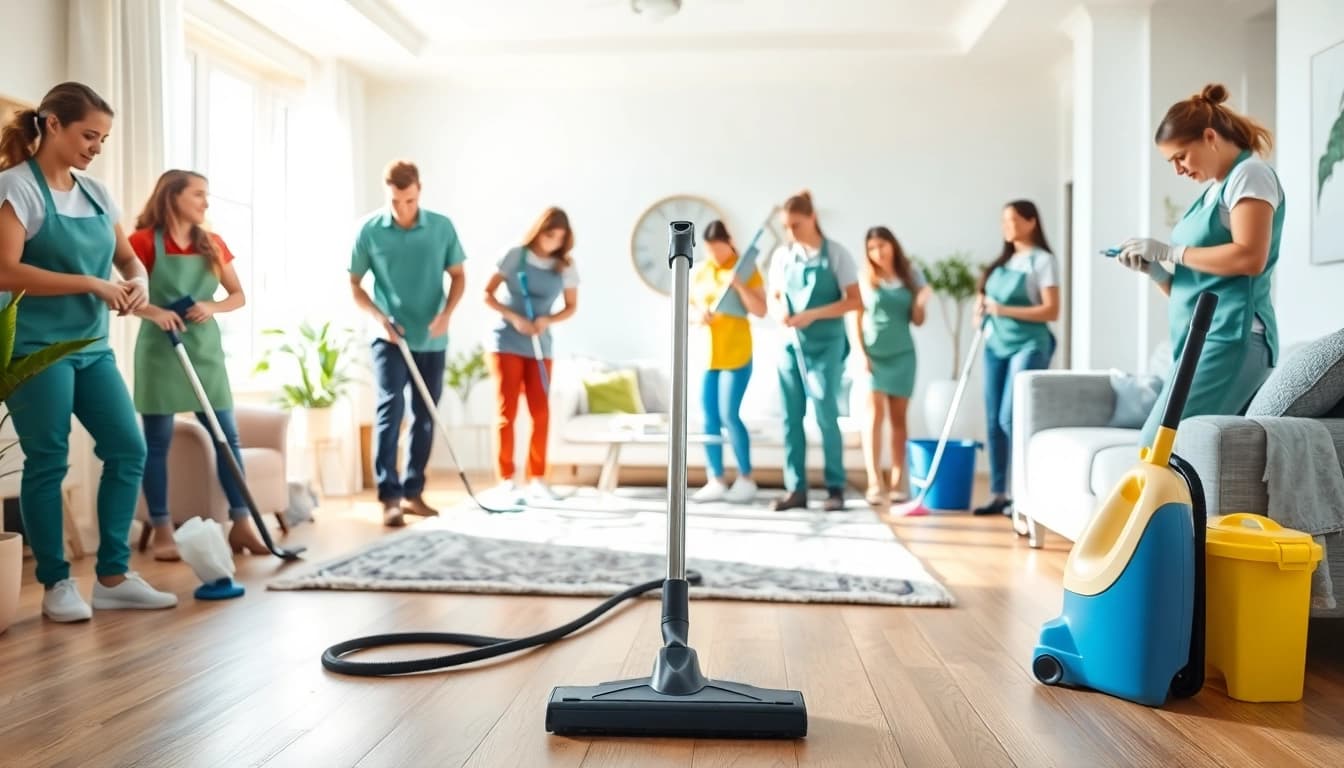 Cleaning Service team energetically tidying up a bright, modern home environment with professionalism.