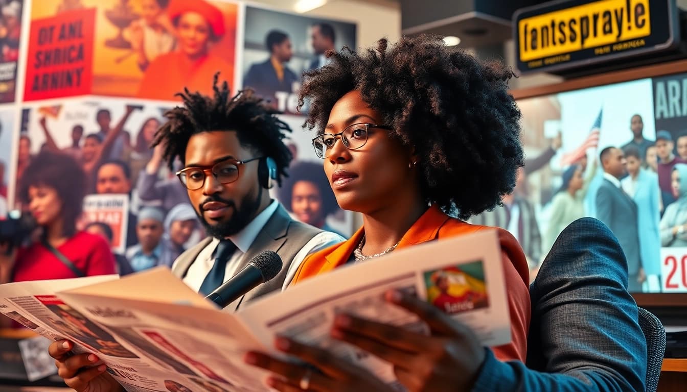 Engaging scene depicting journalists celebrating blackchronicle's historical African-American storytelling.