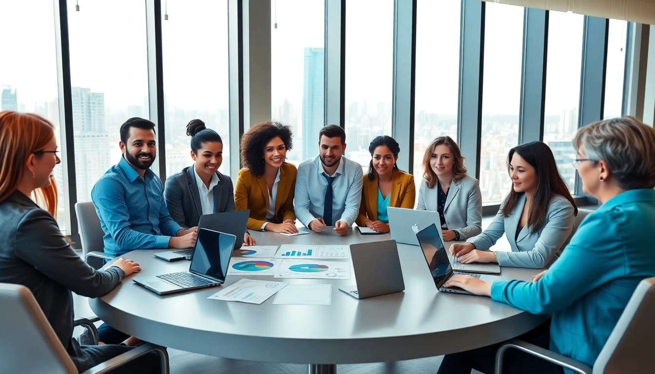 Engaged individuals collaborating in a business meeting showcasing teamwork and innovation.
