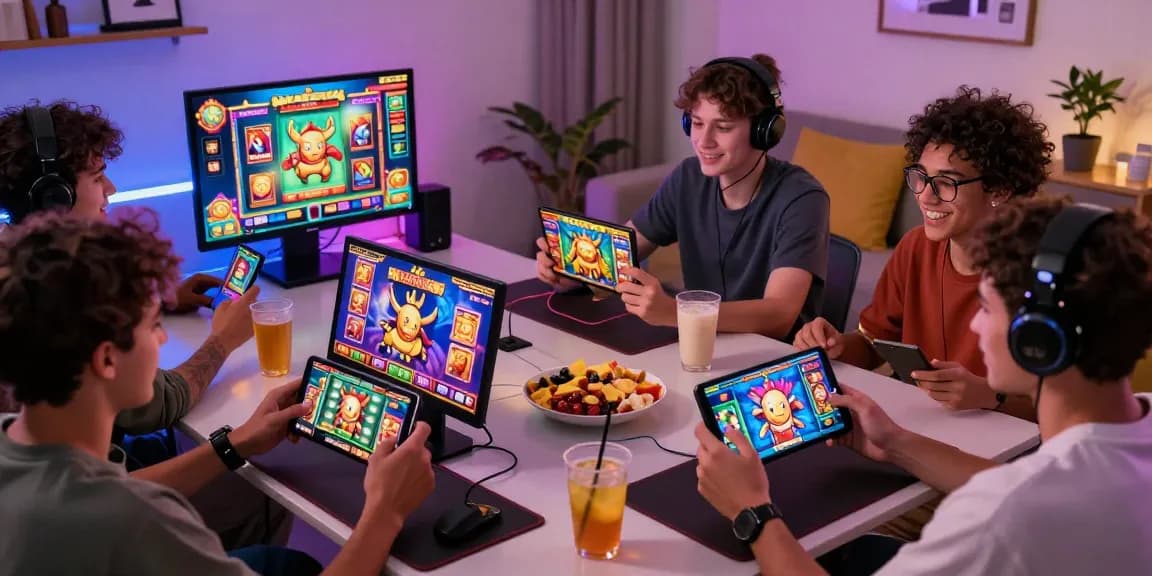 Engaging slot gaming session with players enjoying colorful online slots on mobile devices in a vibrant home setting.