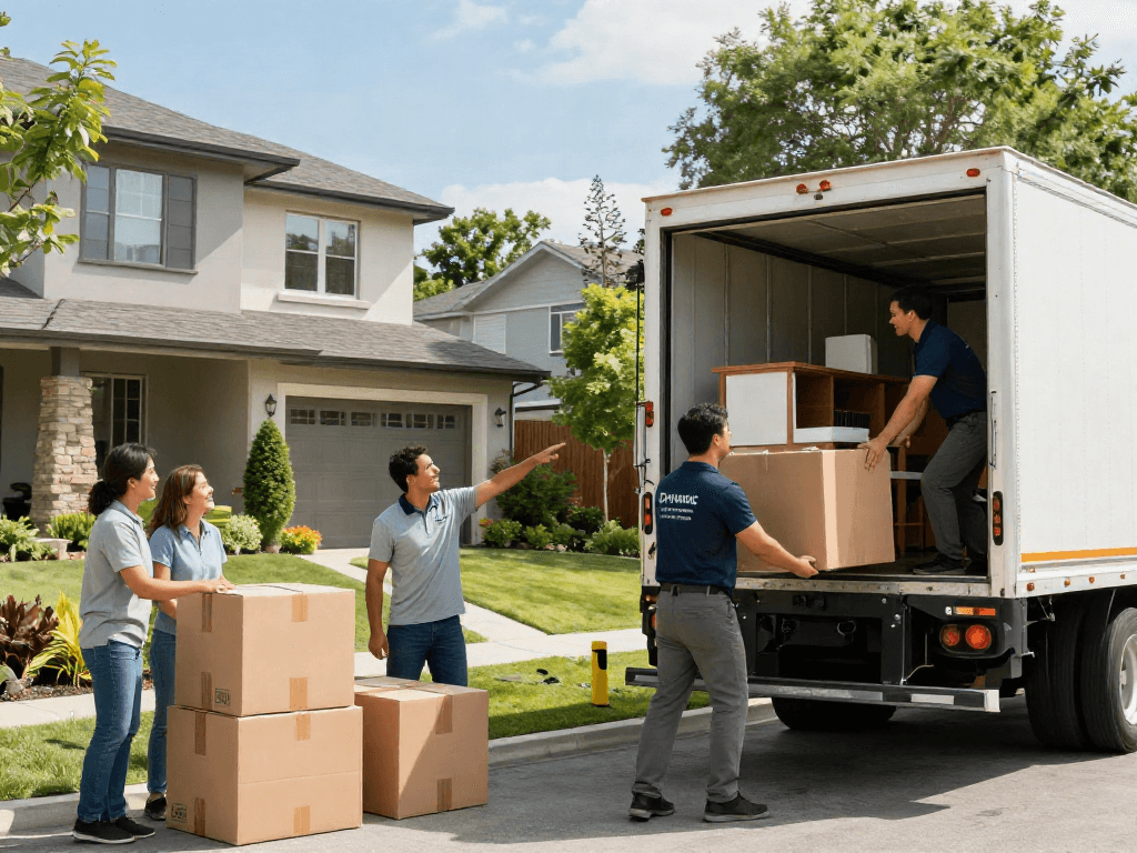 Moving company professionals loading boxes into a truck at a suburban home.