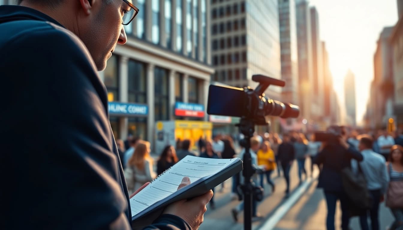 Capture of a journalist reporting news on https://news-parade.com.ua from an urban scene.