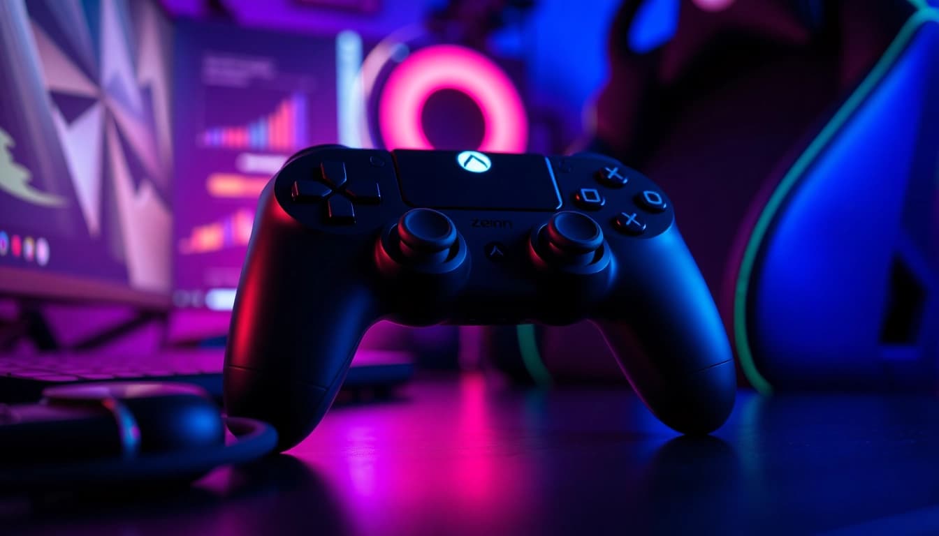 Cronus zen controller in a modern gaming setup with dynamic lighting and accessories.