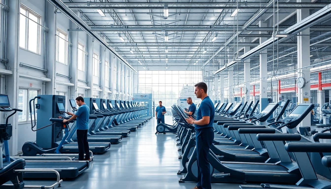 Fitness equipment manufacturer showcasing advanced machinery and skilled workers assembling high-quality fitness products.