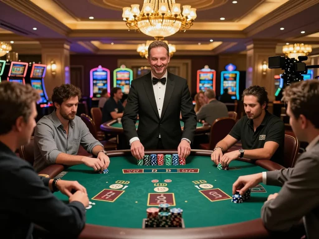 Players strategizing at a blackjack table in an upscale casino showcasing situs 1k