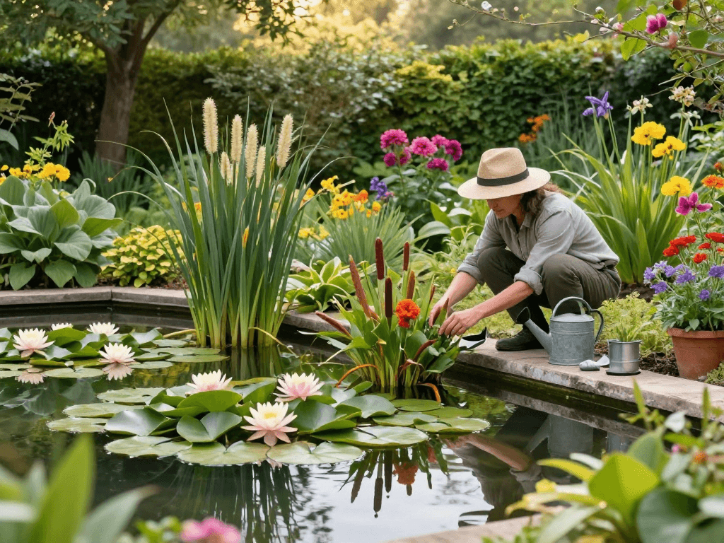 British pond plants enriched in a tranquil garden pond environment, showcasing vibrant greenery and water lilies.