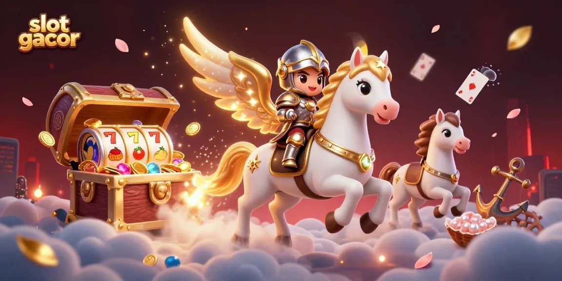 Menang jackpot slot gacor dengan simbol keberuntungan dan peti harta karun penuh koin emas.