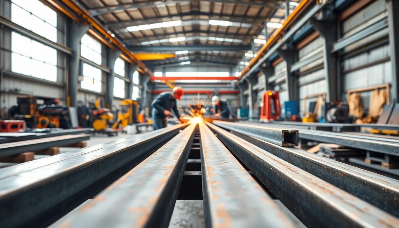Engage in structural steel fabrication by observing skilled workers assembling steel beams in a vibrant workshop.