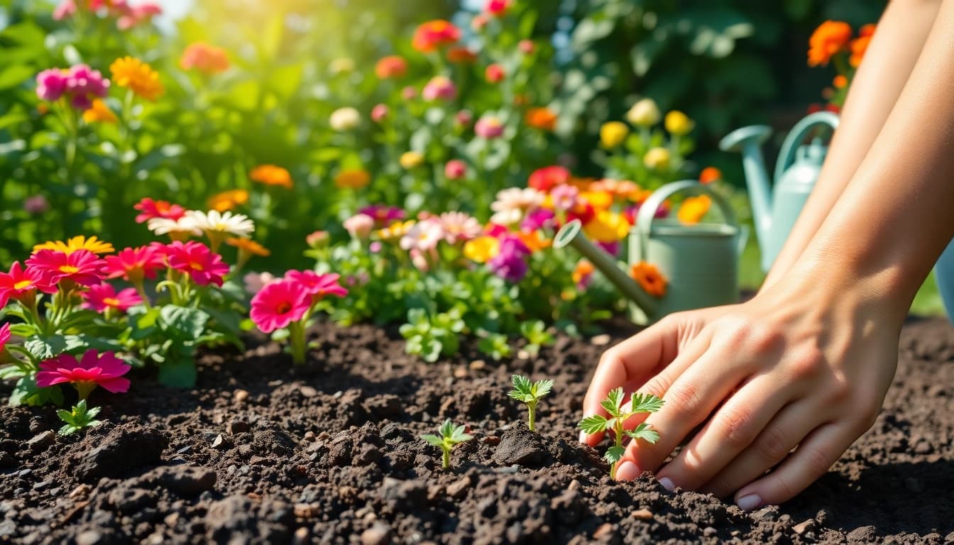 Hands planting seedlings in rich soil, showcasing the essence of Gardening.