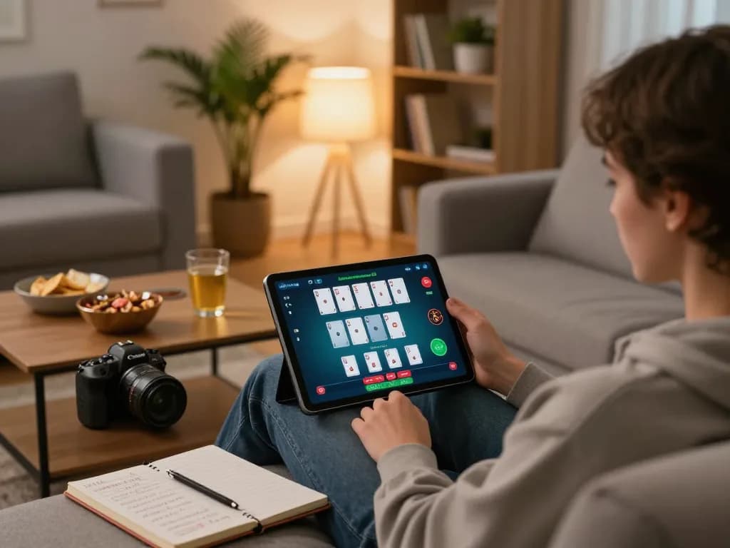Person engaged in online poker at home with vipwin app open on tablet, capturing strategic gameplay moment.