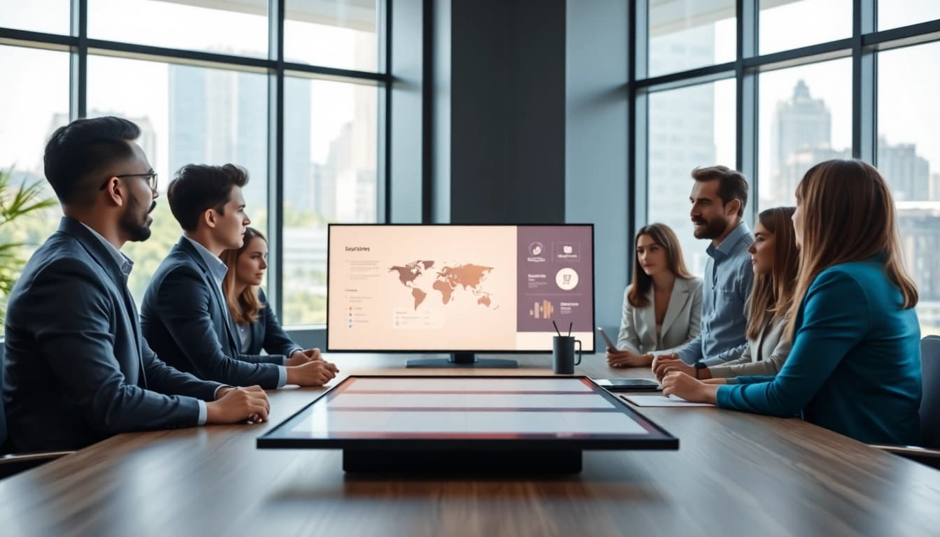Business professionals collaborating in a modern office meeting space.