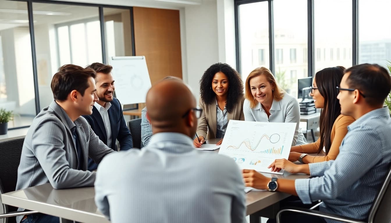 Engaging business meeting showcasing professionals collaborating on strategies in a dynamic environment.