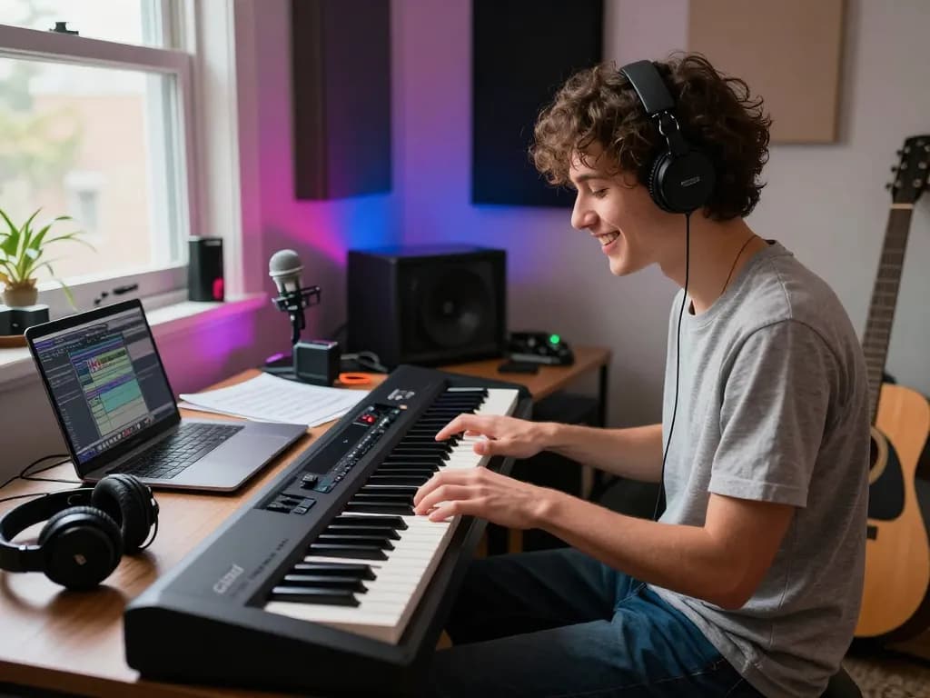 Young musician enjoying the go 88 digital piano in a cozy studio setting, surrounded by colorful lights and music production gear.