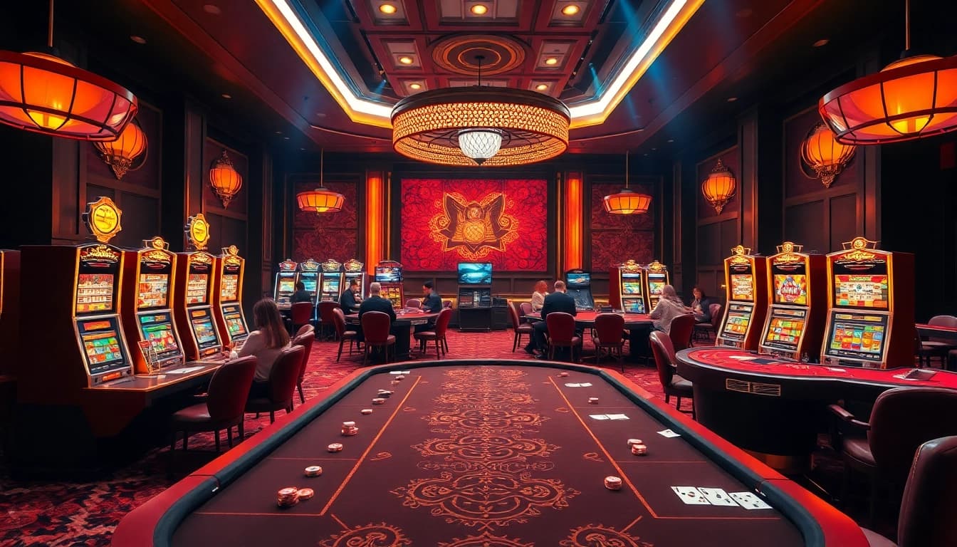 Experience thrilling רמי אונליין action in a luxurious casino setting filled with vibrant games and excitement.