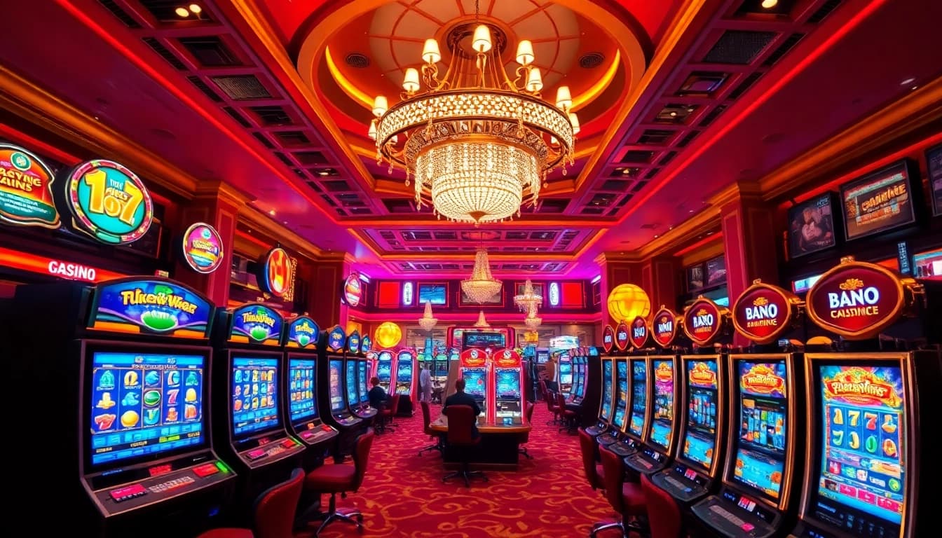 Vibrant gaming scene showcasing a non gamstop casino with lively players and colorful slot machines.