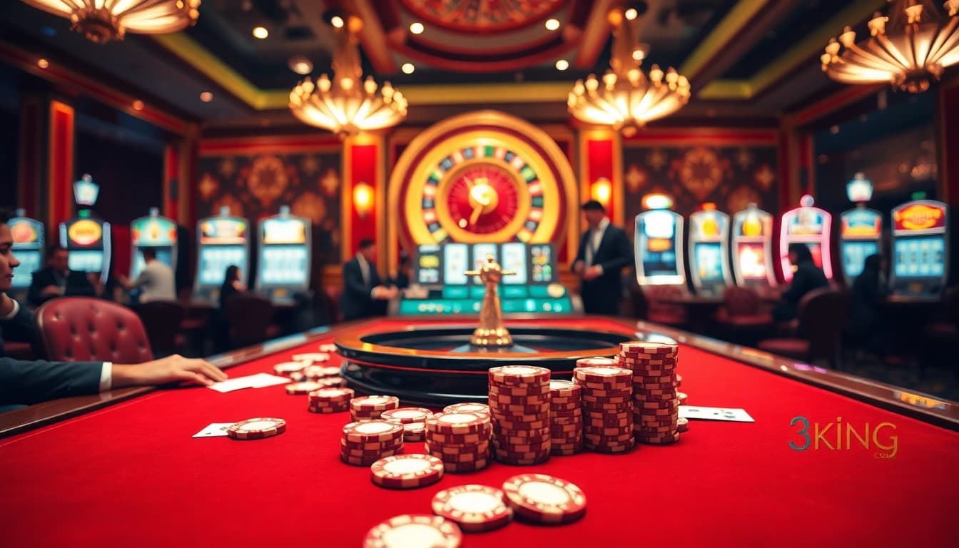 Experience thrilling gameplay on https://3king.cn.com/ with casino tables, vibrant chips, and dynamic winning moments.