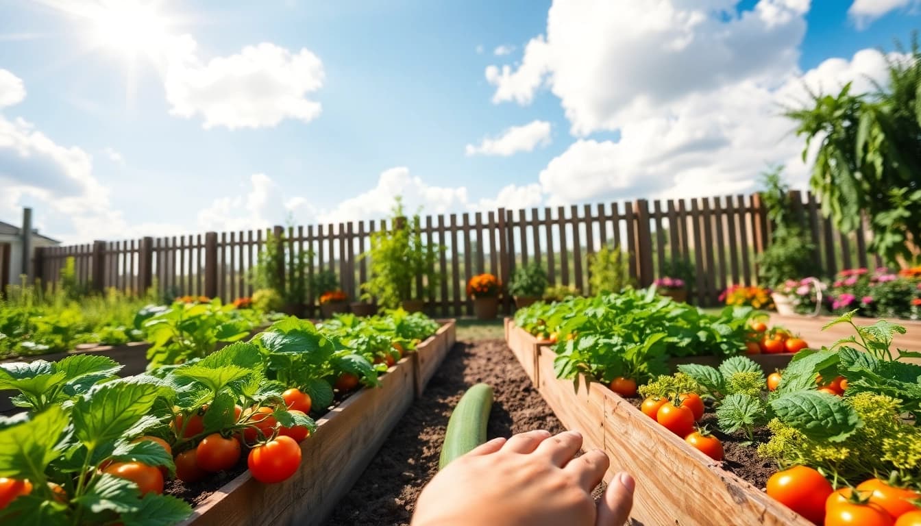 Gardening hands tending to vibrant vegetable plants in a sunny backyard garden.