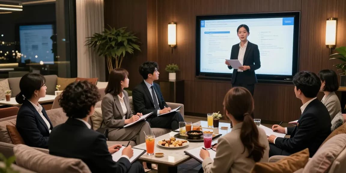 강남쩜오구구단에서 비즈니스 미팅 중인 다채로운 전문가들 모습, 고급스러운 공간에서 제공되는 프리미엄 서비스 강조