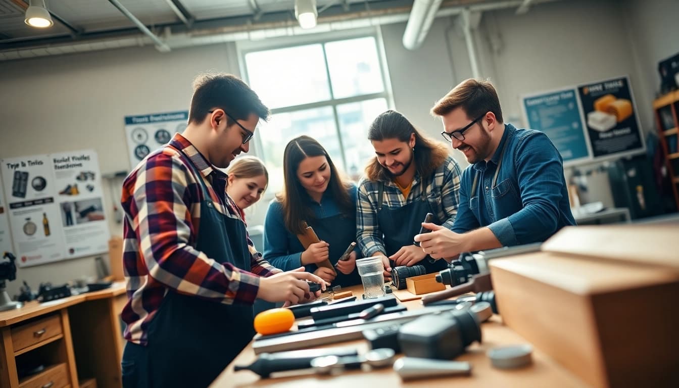 Students collaborating in a trade school environment, showcasing hands-on learning and engagement.
