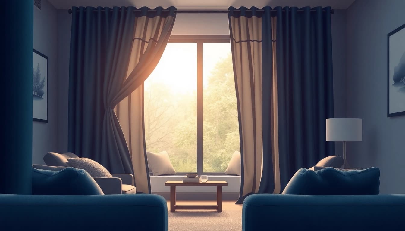 Geniet van verduisterende gordijnen die stijlvol de natuurlijke lichtinval blokkeren in een moderne woonkamer.
