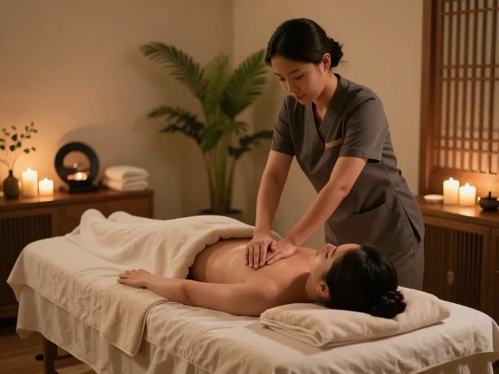 Experience a soothing 천안스웨디시 massage in a tranquil spa setting with candles and ambient light.