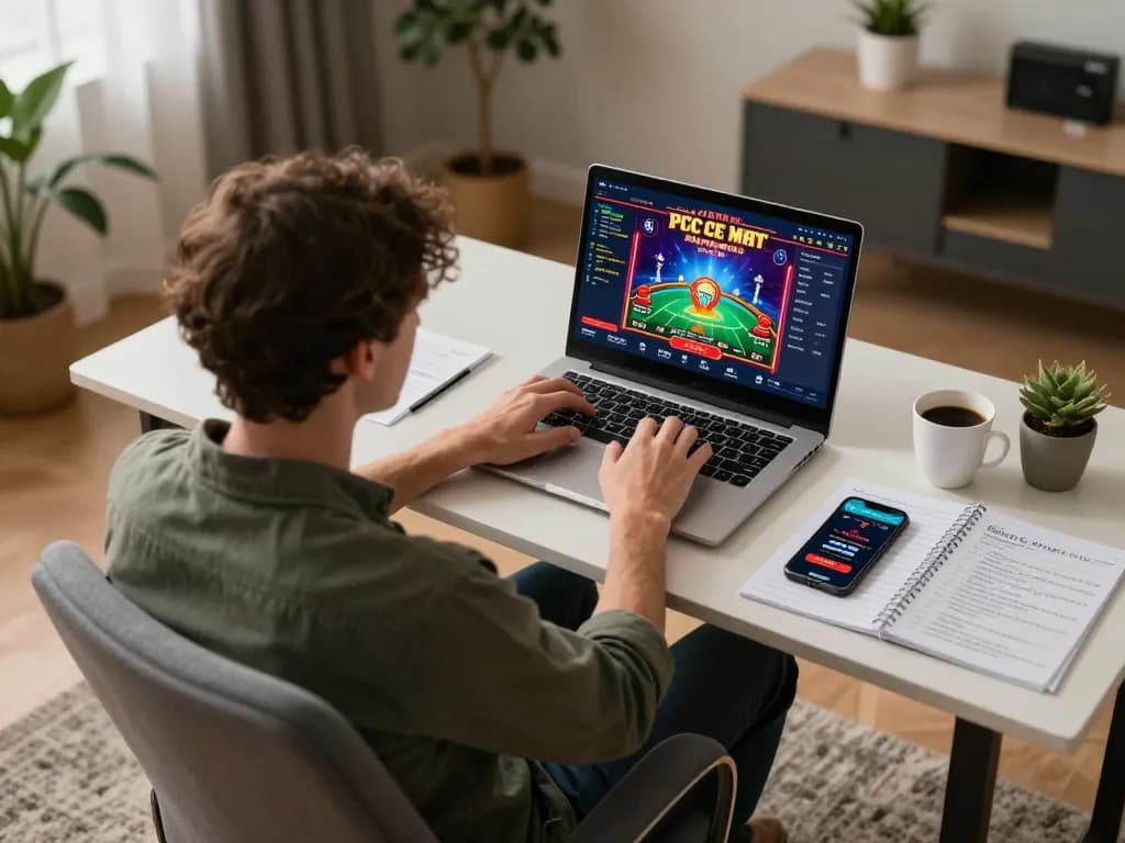 Tại 56win, a player engages in an online casino game from a cozy home setup, illustrating modern gambling.