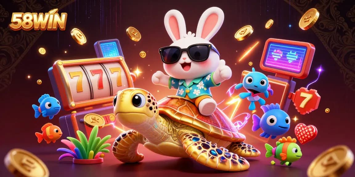 Engage with 58WIN's vibrant casino scene featuring a lucky rabbit and golden turtle amidst dynamic game elements.