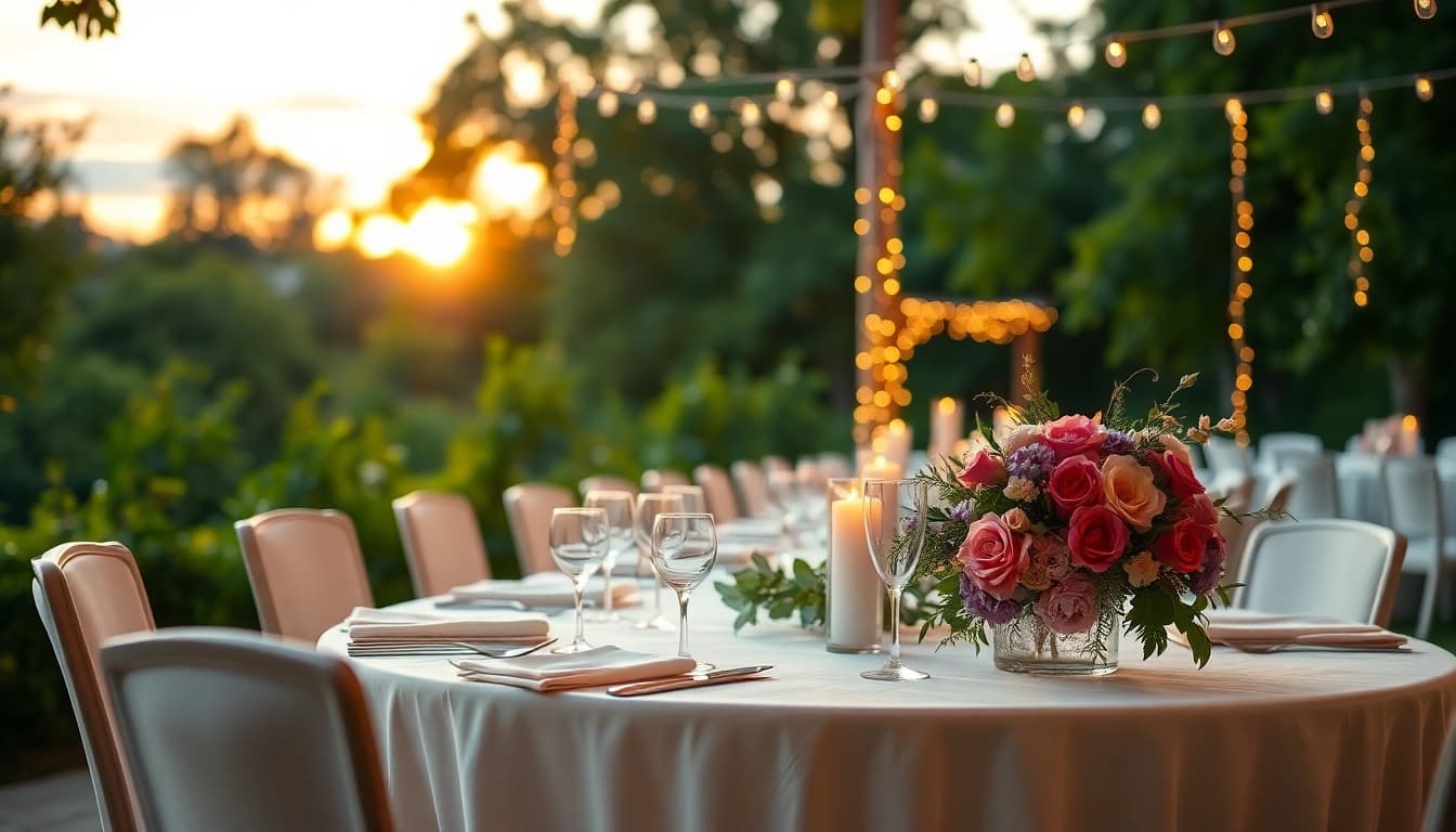 Capturing a romantic Clarksburg wedding reception setup amid beautiful greenery and sunset hues.
