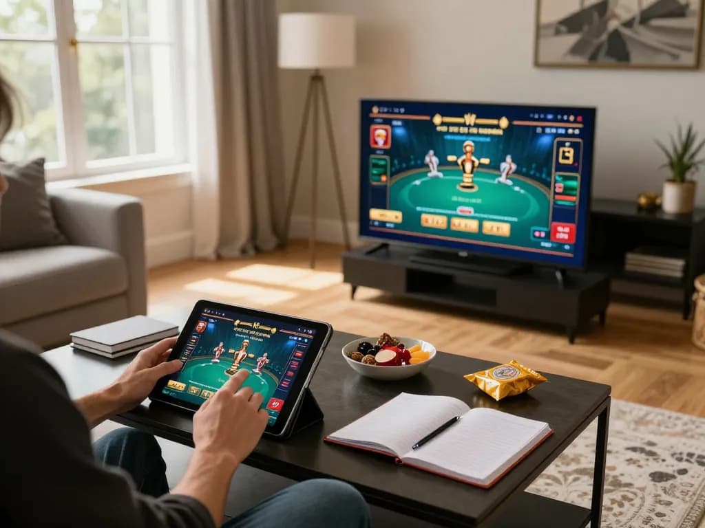 Person engaging in online gaming on BK8, showing dynamic poker interface on a tablet in cozy home setting