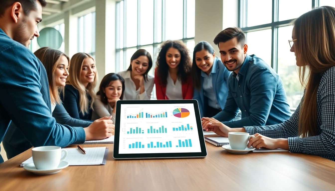 Engaged team collaborating on strategies at https://valuesfirst.com in a modern office.