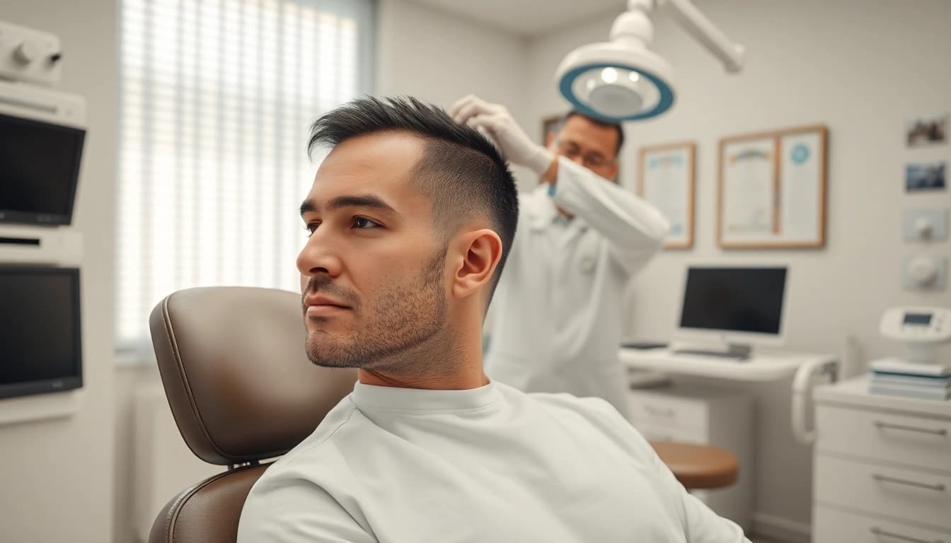Patient receiving a hair transplant turkey procedure emphasizing professional care in a modern setting.