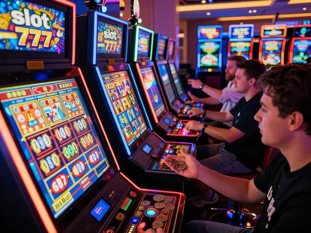 Engaging players celebrating wins at slot 777 machines on a vibrant casino floor
