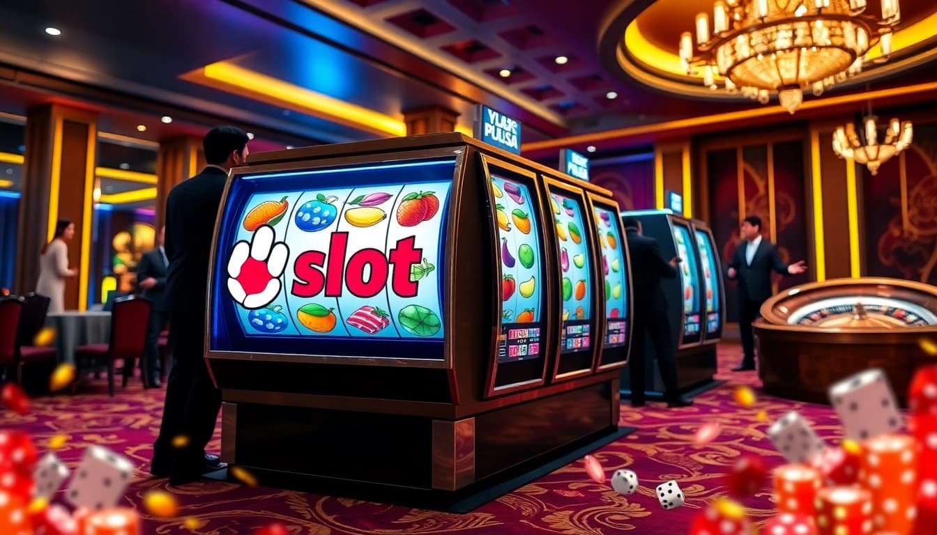 Excited players enjoying a slot pulsa game in a luxury casino highlighting vivid reels and ambiance.