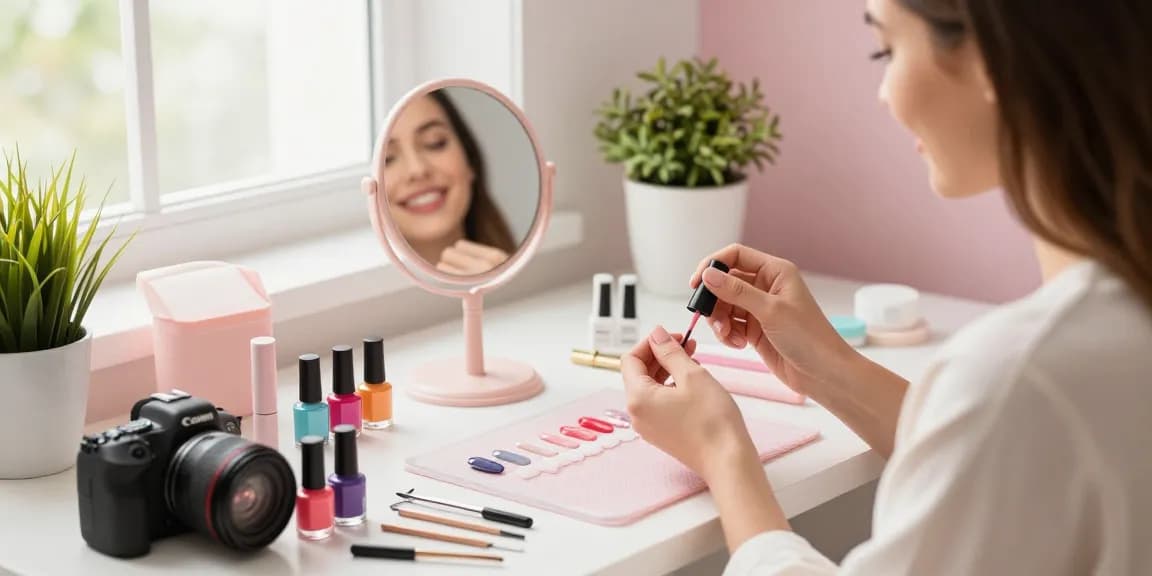 Setup pentru manichiură acasă, înfățișând o femeie aplicând ojă gel dintr-un kit manichiura acasă, îmbogățit cu unelte vibrante și decor liniștitor.