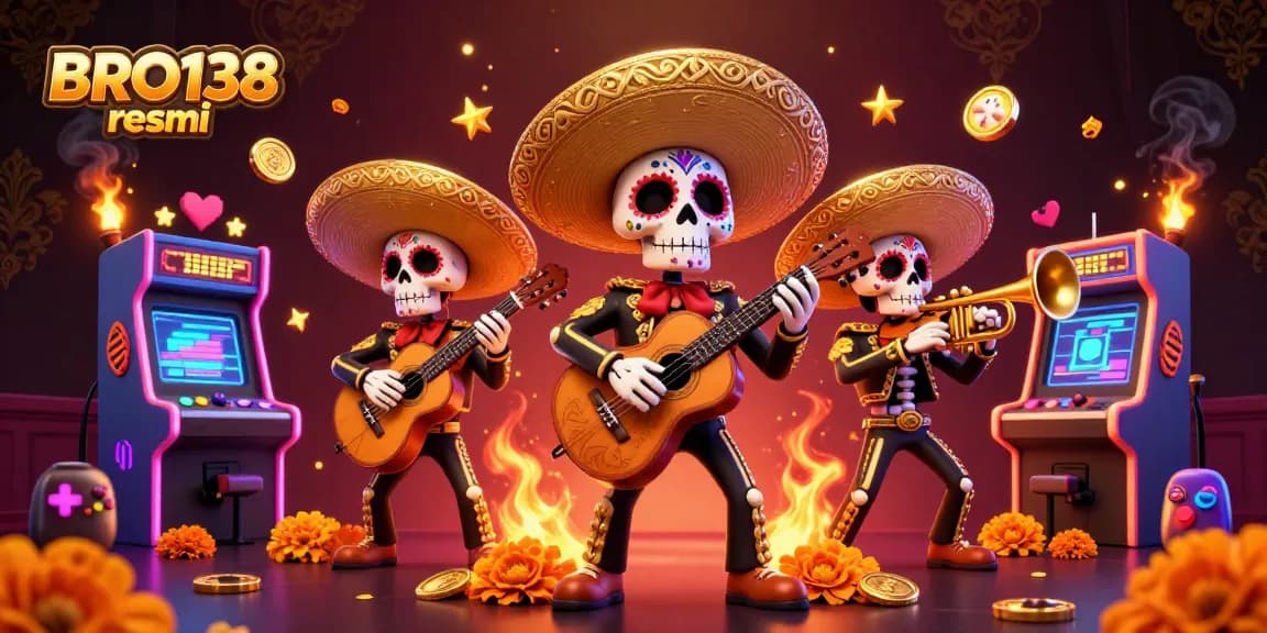 Engage with BRO138 resmi's colorful 3D casino scene featuring Day of the Dead mariachi band surrounded by vibrant gaming elements.