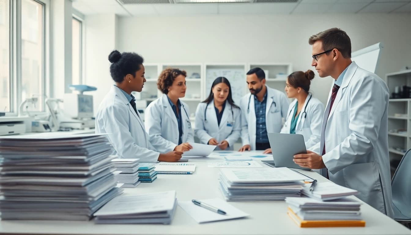 Researchers collaborating on the ADAPTABLE Aspirin Study in a clinical lab setting.