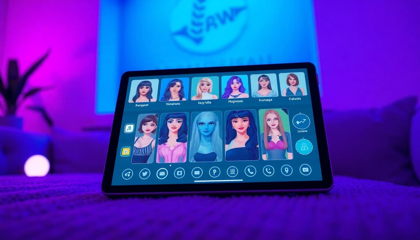 Futuristic NSFW AI girlfriend platform showcasing diverse avatars and vibrant interactions.