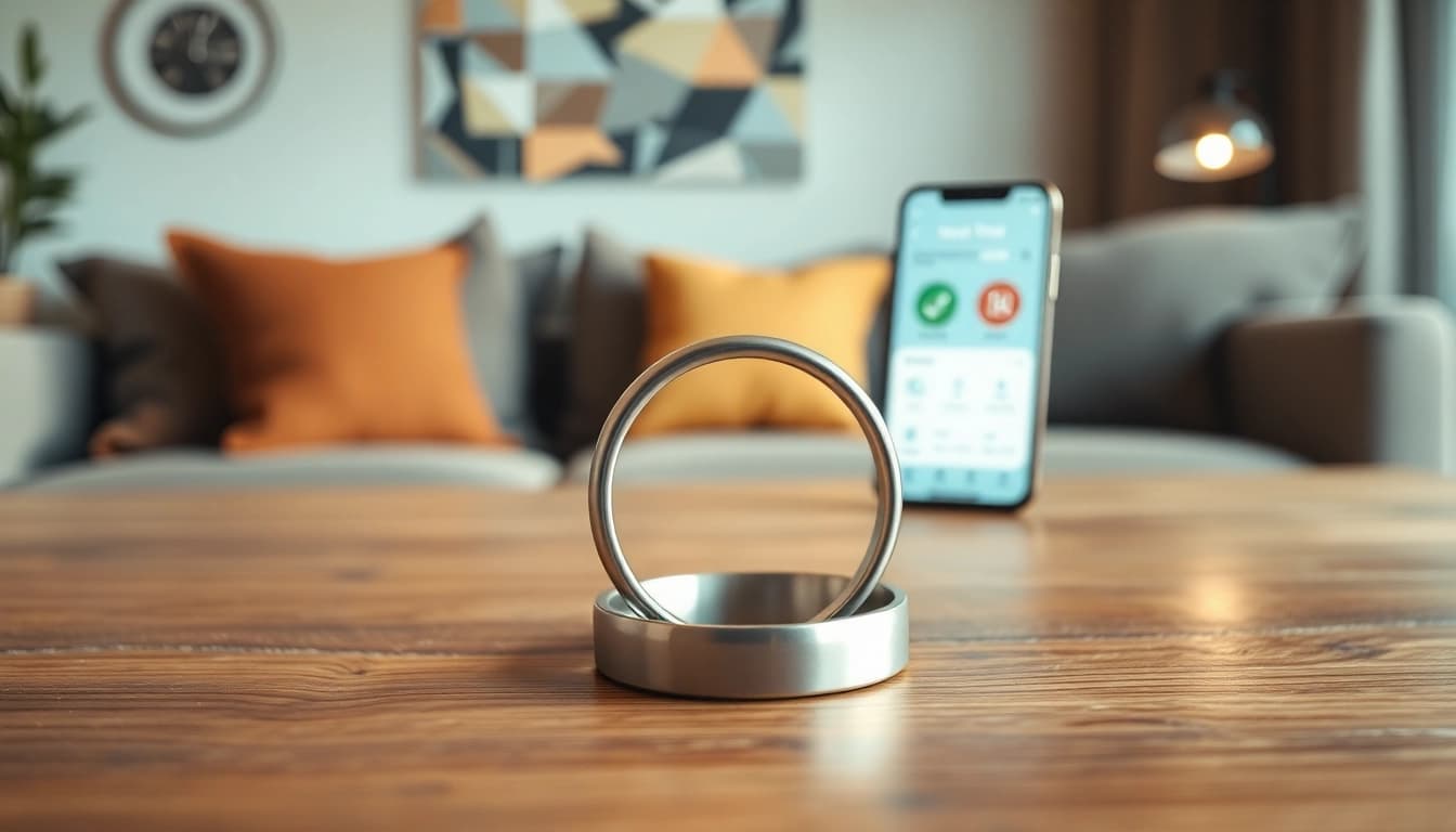 Showcase a Smart Health Ring on a wooden table, emphasizing modern lifestyles and health tracking.
