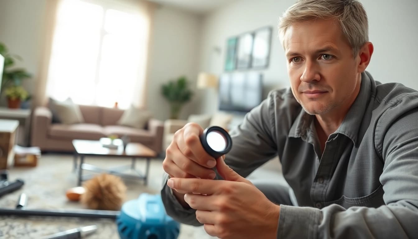 Technician performing bed bug removal procedures in a clean, modern home setting.