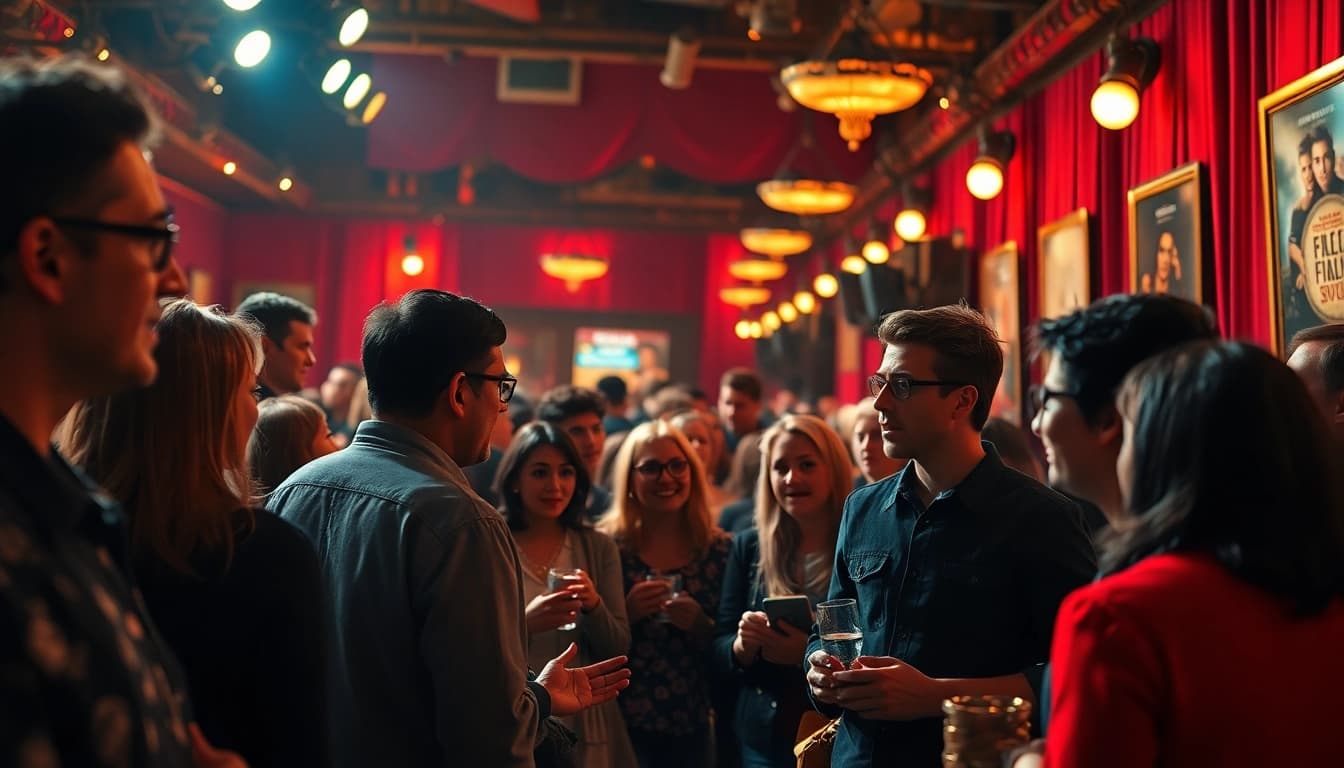 Engaging film festival scene with diverse attendees discussing filme excitement