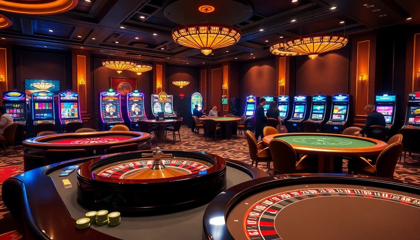 Scène de casino en ligne excitante présentant une table de roulette, des jeux de poker et des machines à sous colorées.
