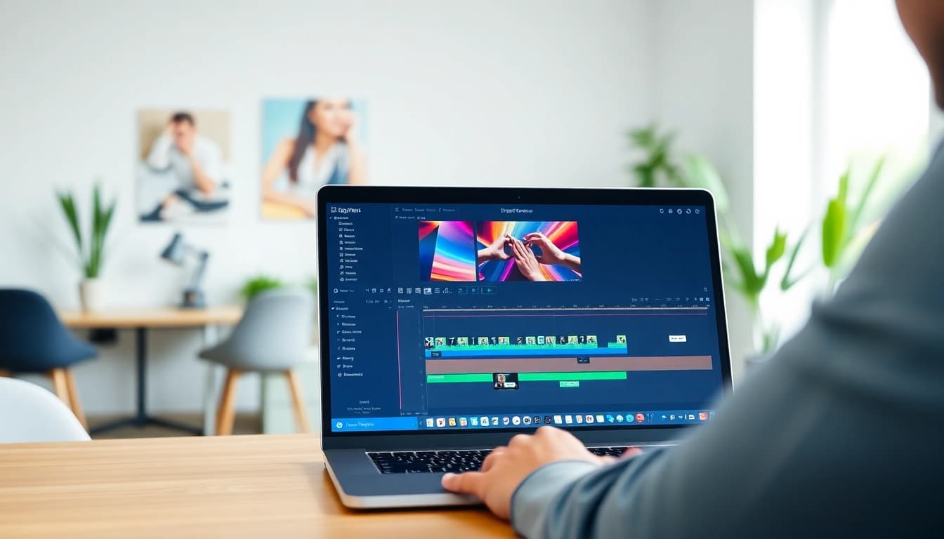 Utilizing the SRT Generator on a modern laptop in a vibrant workspace for video editing.