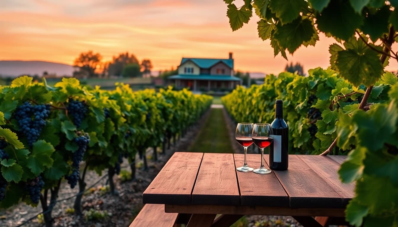 Clarksburg wineries highlighting picturesque vineyards at sunset with rustic wine accessories.