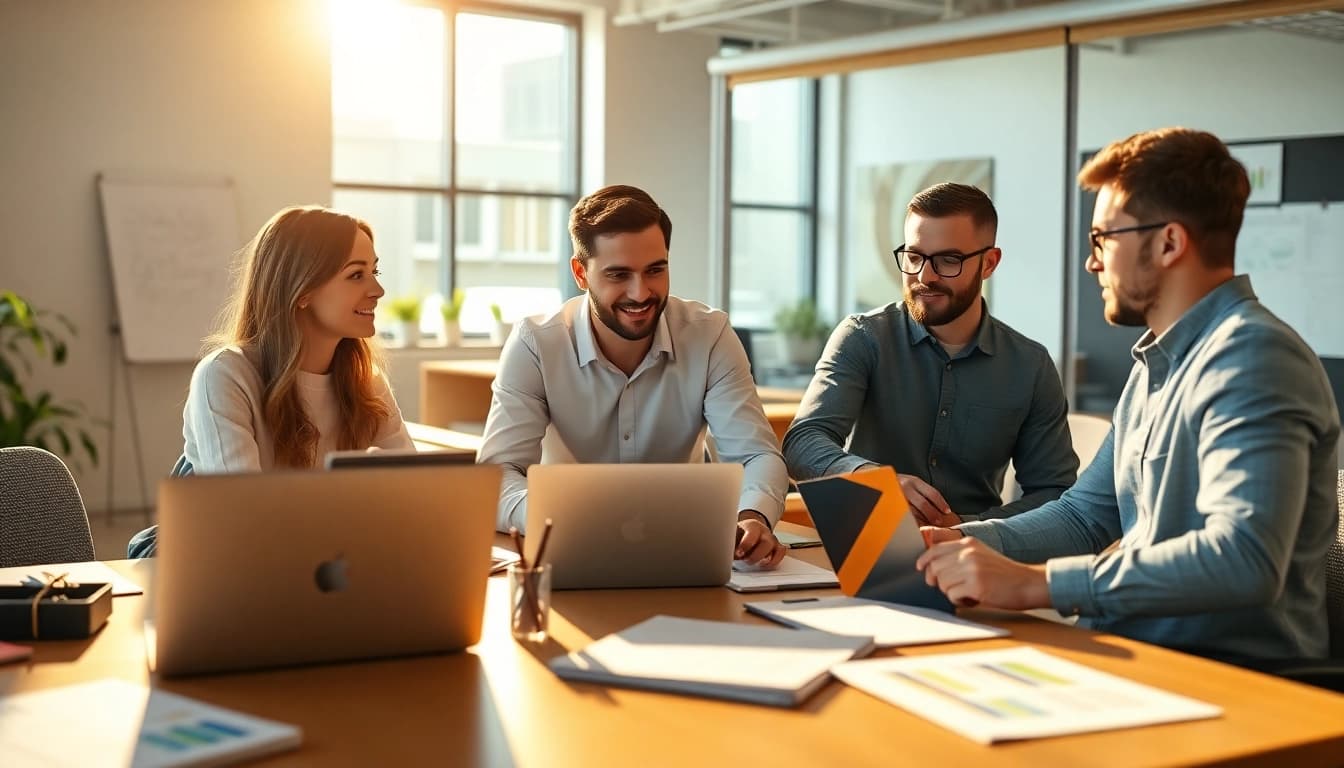 Optimieren Sie offpage seo Strategien durch Teamarbeit in einer modernen Büroumgebung.