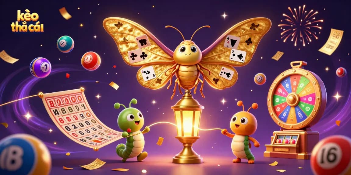 Experience kèo nhà cái with vibrant lottery balls, a golden moth, and dynamic casino elements.