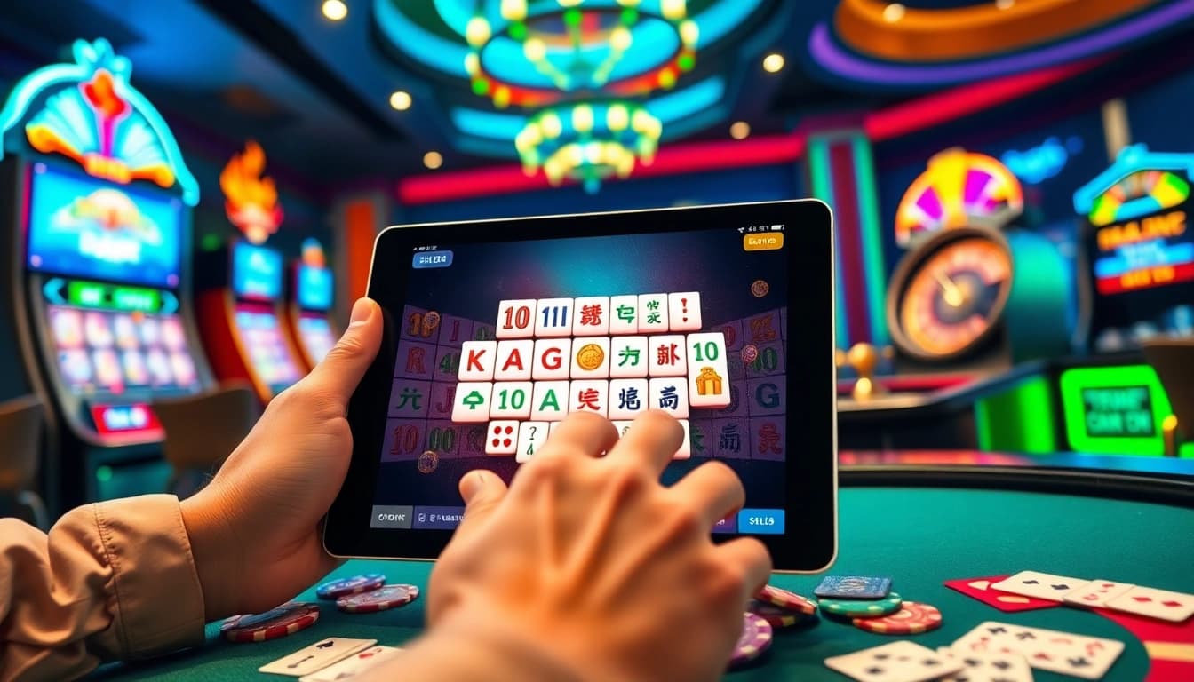 Experience the Mahjong Ways 2 slot excitement with vibrant casino elements surrounding an online player.