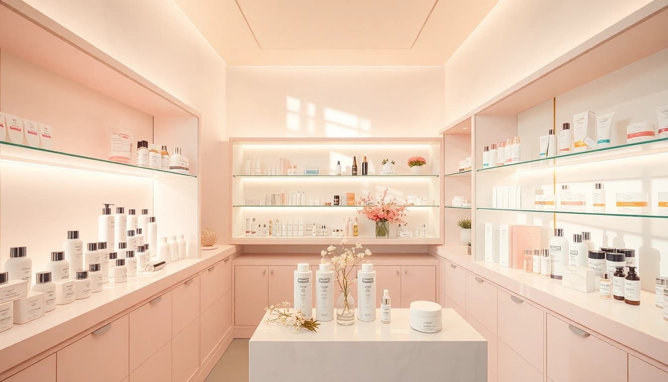 K-Beauty Sverige erbjuder ett brett utbud av koreanska hudvårdsprodukter i en ljus, elegant butiksmiljö full av skönhetsprodukter.