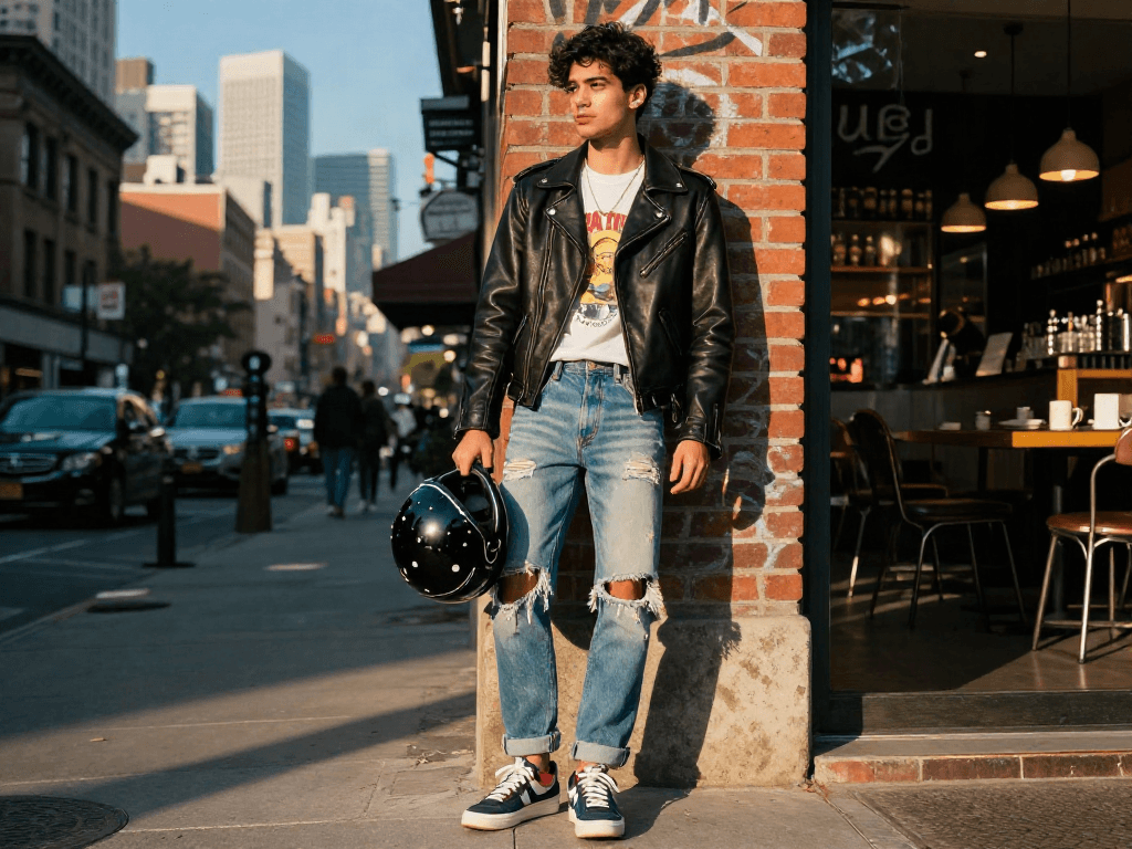 Individual showcasing a trendy leather jacket in an urban setting, blending fashion and lifestyle.