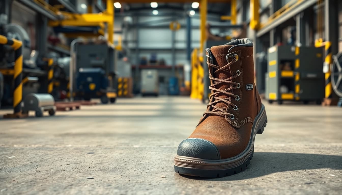 Exhibiting Safetoe steel toe shoes Kenya for industrial use on a rugged floor with safety equipment.