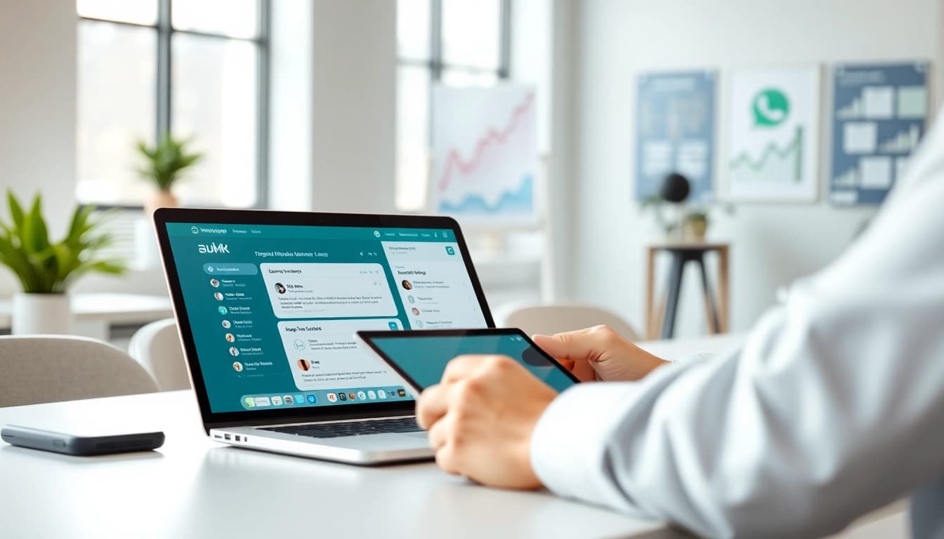 Understanding What is a CRM for WhatsApp through a professional workspace with CRM data on a screen.